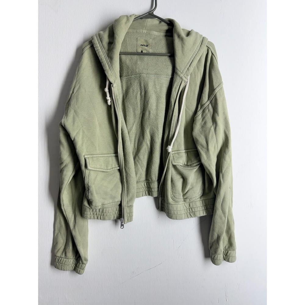 Aerie Womens Sage Green Full Zip Cropped Hoodie Sweatshirt Pockets Large